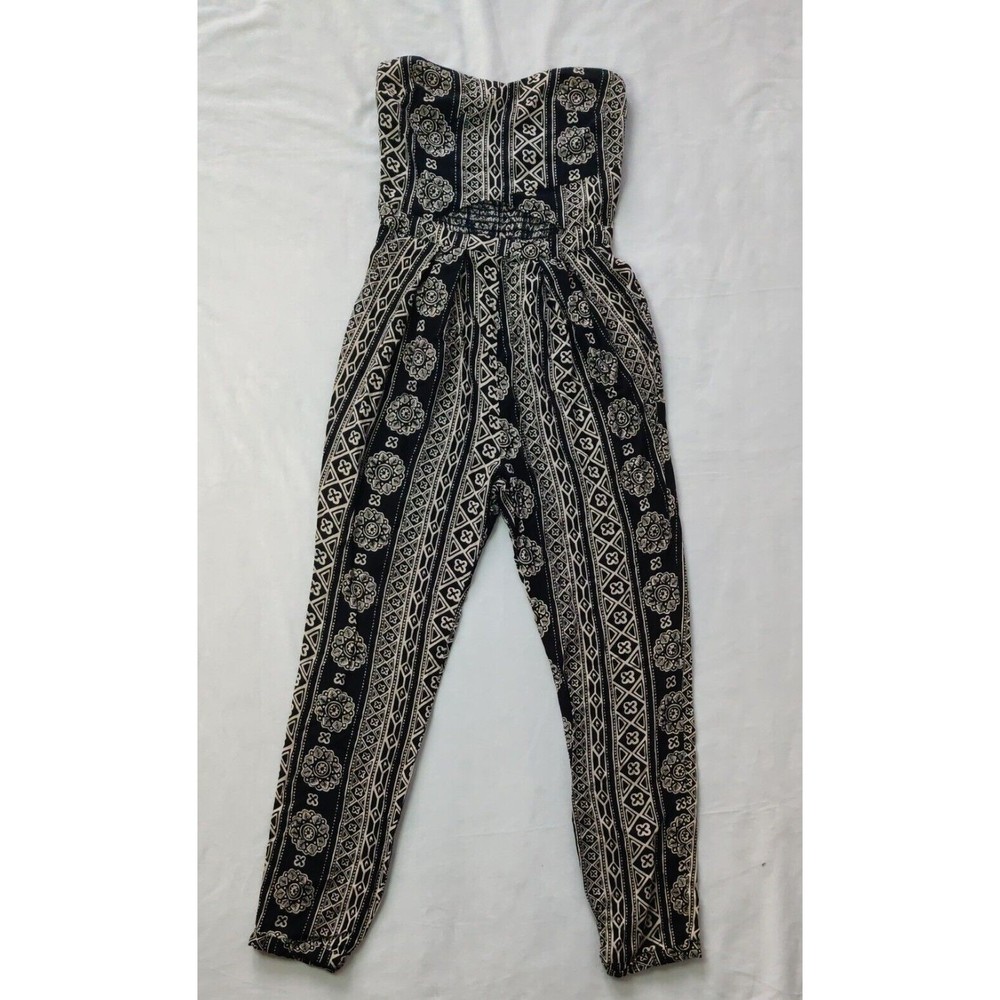 Hollister Jumpsuit Black And Beige Boho Elastic Shirred Bodice Strapless Small